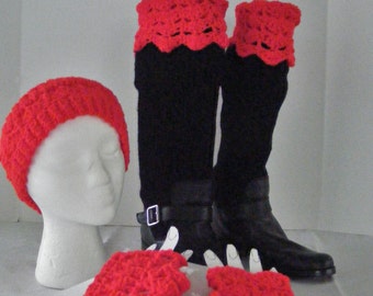 Red Boot Cuffs, Ear Warmer, and Fingerless Gloves