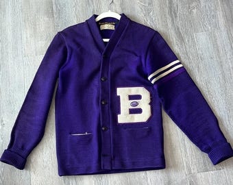 Vintage 30s/40s WILSON Purple Letterman Cardigan Sweater - 40 - Etsy display picture 1