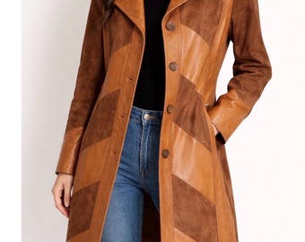 Gorgeous vintage 70s Chevron brown leather suede patchwork panel trenchcoat XS/S