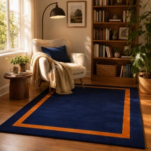 Tappeto in lana trapuntato a mano / Bordo blu navy e arancione, tappeto moderno e minimalista