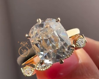 3 CT Old Mine Cushion Cut Moissanite Wedding Bridal Set 14K/18K Solid Gold, Half Eternity Band, Hidden Halo Ring Engagement Ring Set for Her