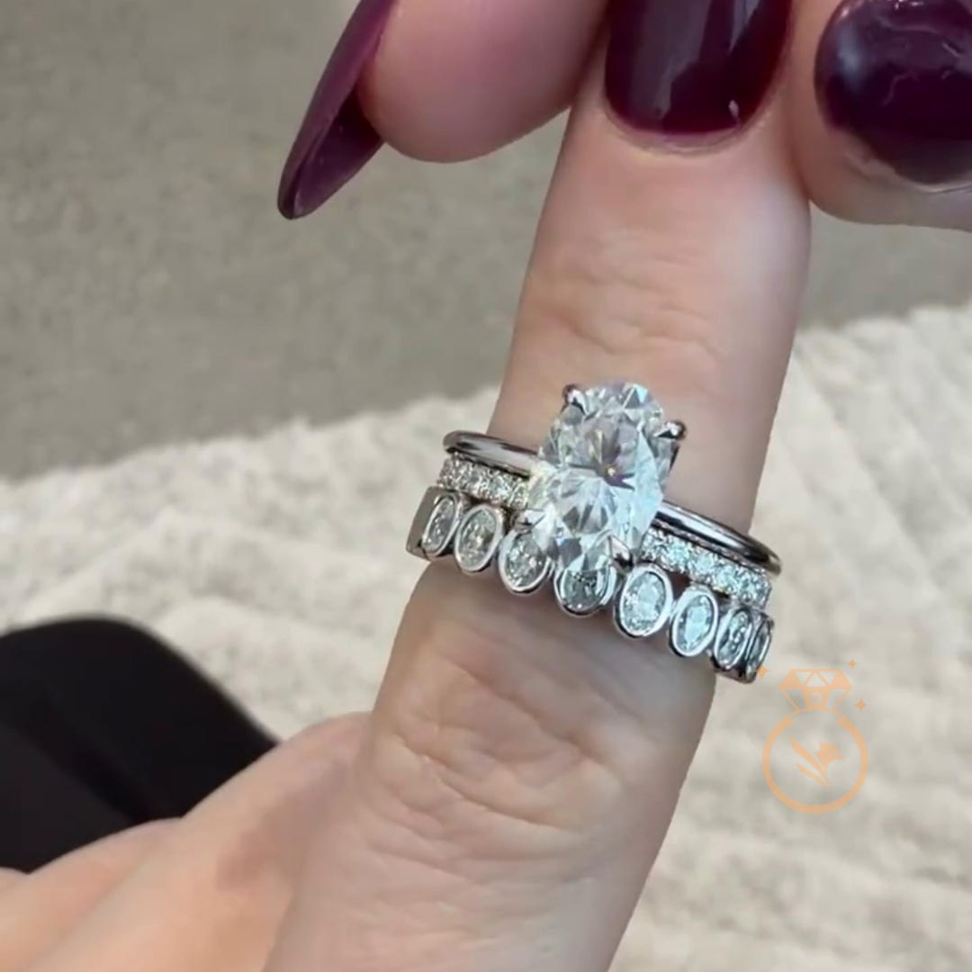 3 CT Oval Cut Moissanite Bridal Set Engagement Ring Set, 18K Solid Gold ...