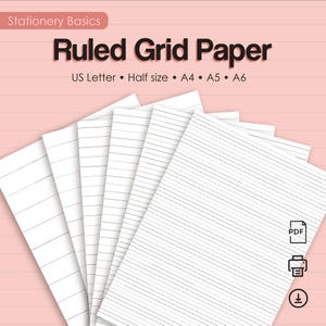 Może przedstawiać: Stos białych arkuszy papieru z czarnymi poziomymi liniami, z tekstem Stationery Basics i Ruled Grid Paper oraz oznaczeniami US Letter, Half size, A4, A5 i A6. Zawiera ikony PDF, drukarki i pobierania.