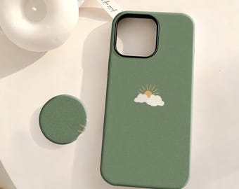 Green Minimalist Phone Case, Sun Cloud, Sage Green Aesthetic Cover, iPhone 17 16 15 14 13 12 Plus Pro Max,Samsung S25 S24 S23 S22 Plus Ultra