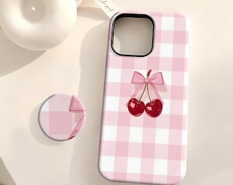 Rosa sött körsbärsrutigt telefonskal, flickigt telefonskal, med iPhone 17 16 15 14 13 12 Plus Pro Max, Samsung S25 S24 S23 S22 Plus Ultra