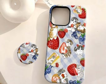 Cute Cat Strawberry Berry Case, Kawaii Cats Dessert Gingham Aesthetic iPhone 17 16 15 14 13 12Plus Pro Max,Samsung S25 S24 S23 S22Plus Ultra