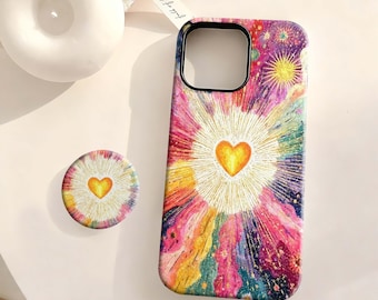 Golden Sacred Heart Phone Case,Vintage Colored Watercolor Ray , iPhone 17 16 15 14 13 12 Plus Pro Max,Samsung S25 S24 S23 S22 Plus Ultra