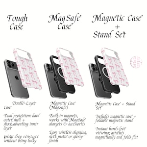 May include: A selection of phone cases with a pink bow pattern on a white background. The cases are shown with phones, and the text reads "Tough Case", "MagSafe Case", and "Magnetic Case + Stand Set".