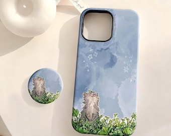 Niedliche Gartenkatzenhülle, blaue Aquarell-Himmelshülle, gemütliche botanische Katze, iPhone 17 16 15 14 13 12 Plus Pro Max, Samsung S25 S24 S23 S22 Plus Ultra Ultra