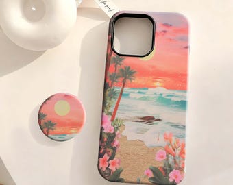 Tropical Sunset Beach Phone Case, Pink Ocean Palm Tree Floral Cover iPhone 17 16 15 14 13 12 Plus Pro Max,Samsung S25 S24 S23 S22 Plus Ultra