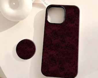 Vintage vinrött blommigt skal, elegant rosmönster Academia-fodral, iPhone 17 16 15 14 13 12 Plus Pro Max, Samsung S25 S24 S23 S22 Plus Ultra