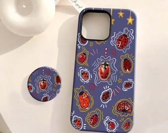 Purple Doodle Ladybug Phone Case - Retro Playful Cover For iPhone 17 16 15 14 13 12 Plus Pro Max,Samsung S25 S24 S23 S22 Plus Ultra