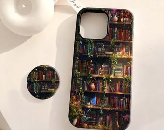 Mysigt bokligt bibliotekshylla - Vintage Academia Books & Plants, iPhone 17 16 15 14 13 12 Plus Pro Max, Samsung S25 S24 S23 S22 Plus Ultra