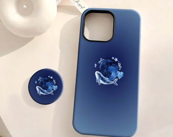 Moon Whale Case, Navy Blue Ocean Case, Cute Celestial Whale Cover iPhone 17 16 15 14 13 12 Plus Pro Max,Samsung S25 S24 S23 S22 Plus Ultra