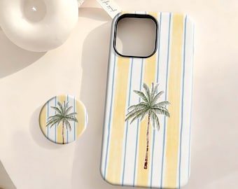 Yellow Blue Striped Palm Tree Phone Case, Summer Beach Coconut Tree,iPhone 17 16 15 14 13 12 Plus Pro Max,Samsung S25 S24 S23 S22 Plus Ultra