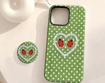 Green Polka Dot Ladybug Phone Case, Lace Heart Cute Bug Cottagecore iPhone 17 16 15 14 13 12Plus Pro Max,Samsung S25 S24 S23 S22 Plus Ultra