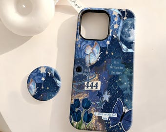 Blue Collage Poetics Case,Starry Night,Moon,Butterfly,Tulip,Stars,iPhone 17 16 15 14 13 12 Plus Pro Max,Samsung S25 S24 S23 S22 Plus Ultra