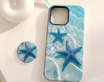 Blue Ocean Starfish Phone Case, Summer Beach Water Ripple Cover,iPhone 17 16 15 14 13 12 Plus Pro Max,Samsung S25 S24 S23 S22 Plus Ultra