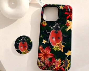 Whimsical Ladybug & Starburst Phone Case - Retro Eclectic Cover, iPhone 17 16 15 14 13 12 Plus Pro Max,Samsung S25 S24 S23 S22 Plus Ultra