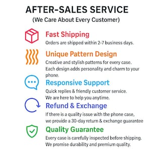 May include: An image with the text "AFTER-SALES SERVICE" and several icons with accompanying text. The text includes "Fast Shipping", "Unique Pattern Design", "Responsive Support", "Refund & Exchange", and "Quality Guarantee".