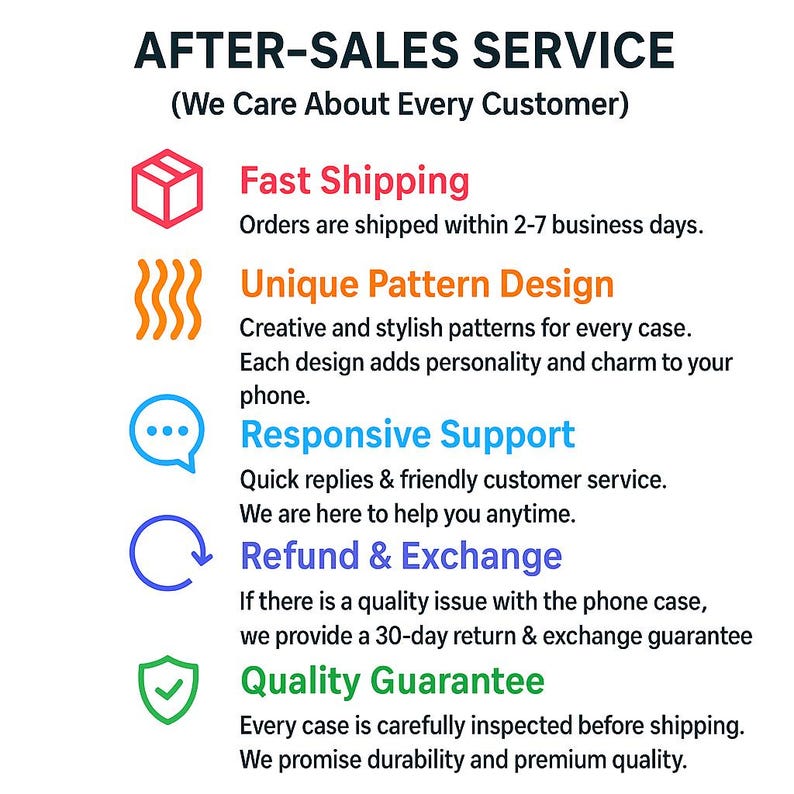 May include: An image with the text "AFTER-SALES SERVICE" and several icons with accompanying text. The text includes "Fast Shipping", "Unique Pattern Design", "Responsive Support", "Refund & Exchange", and "Quality Guarantee".