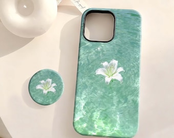 Mint Green Water Lily Case,White Lily Clear Ripple Water Cover,iPhone 17 16 15 14 13 12 Plus Pro Max,Samsung S25 S24 S23 S22 Plus Ultra