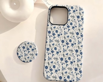 Delicate Blue Floral Pattern Case - Coquette Retro Protector, iPhone 17 16 15 14 13 12 Plus Pro Max,Samsung S25 S24 S23 S22 Plus Ultra