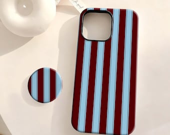 Burgundy & Sky Blue Stripe Phone Case - Preppy Contrast Cover For iPhone 17 16 15 14 13 12 Plus Pro Max,Samsung S25 S24 S23 S22 Plus Ultra