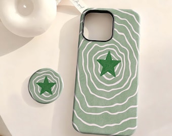 Green Star Wave Phone Case,Abstract Wavy Line Pattern Aesthetic Cover iPhone 17 16 15 14 13 12Plus Pro Max,Samsung S25 S24 S23 S22 Ultra