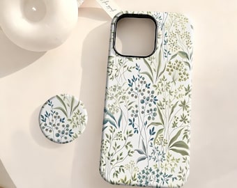 Retro Floral Phone Case Flower Spring Blue Green Pattern Cover for iPhone 17 16 15 14 13 12 Plus Pro Max,Samsung S25 S24 S23 S22 Plus Ultra