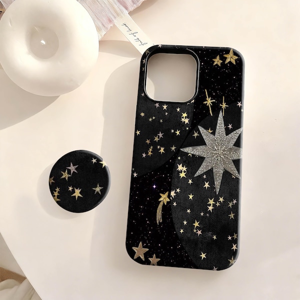 Magnifique coque de portable ciel étoilé,Étoiles dorées et argentées,Style Y2k,iPhone 17 16 15 14 13 12 Plus Pro Max,Samsung S25 S24 S23 S22 Plus Ultra