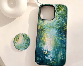 Mobilskal med frodig skog och akvarell damm - Drömskt naturlandskap iPhone 17 16 15 14 13 12 Plus Pro Max, Samsung S25 S24 S23 S22 Plus Ultra