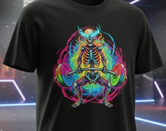 Neon Skeleton Gym PNG, Weightlifting Skull Digital Download, Fitness T-Shirt Graphic, Rainbow Workout Art