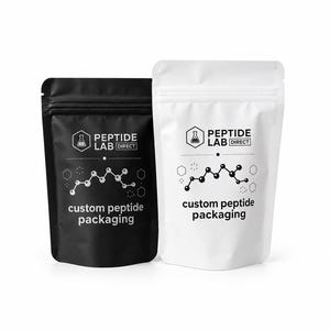 May include: Two stand-up pouches, one black and one white, featuring the Peptide Lab Direct logo, a molecular structure graphic, and the text custom peptide packaging printed on the front of each bag with a resealable zipper top closure.