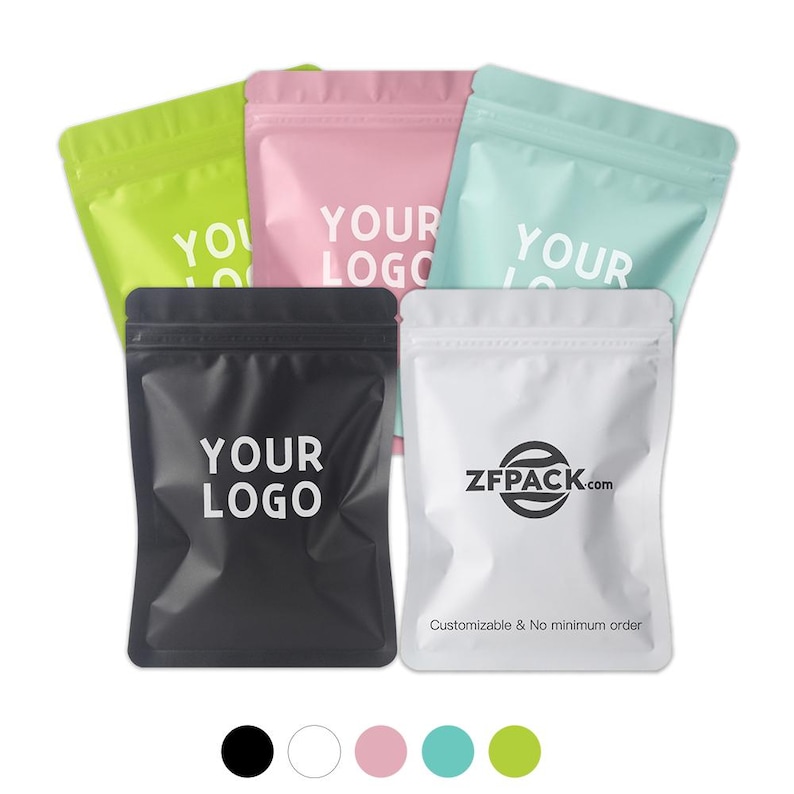 May include: An assortment of colorful, resealable pouches in black, white, pink, teal, and lime green. Each pouch features a printed logo or the words "YOUR LOGO" in white. The white pouch also displays "ZFPACK.com" and "Customizable & No minimum order".