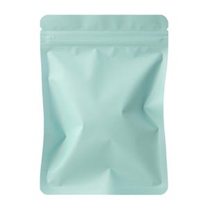 May include: A light teal-colored, stand-up pouch with a zip-top closure. The bag is empty and has several creases, giving it a textured appearance. The pouch is designed for packaging and storage.