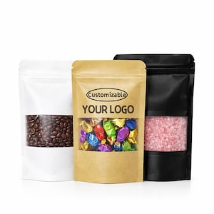 May include: Three stand-up pouches: white with coffee beans, kraft paper with candies, and black with pink crystals. The kraft pouch has the text "Customizable YOUR LOGO" printed on it. All pouches have a clear window.