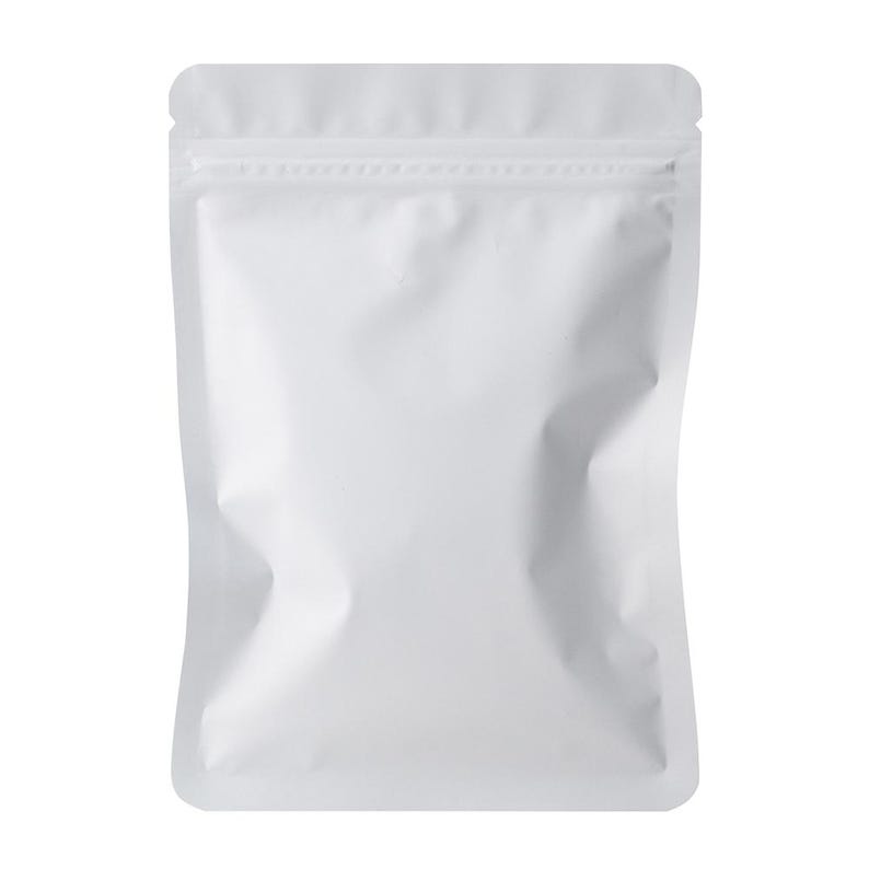 May include: A white, stand-up pouch with a zip-top closure. The pouch is empty and has a smooth, matte finish. The packaging is designed for storing and protecting various products.