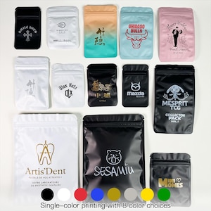 May include: Assortment of black, white, and colored zip-lock bags with various logos and text. The bags feature designs such as a cross, a logo, a gradient, a bull, a wedding graphic, a logo, a logo, a logo, a car logo, a cartoon character, a dental logo, and a cat logo. Text at the bottom says "Single-color printing with 8 color choices."