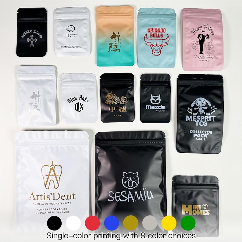 May include: Assortment of black, white, and colored zip-lock bags with various logos and text. The bags feature designs such as a cross, a logo, a gradient, a bull, a wedding graphic, a logo, a logo, a logo, a car logo, a cartoon character, a dental logo, and a cat logo. Text at the bottom says "Single-color printing with 8 color choices."