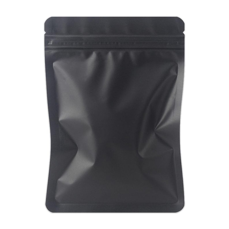 May include: A black, matte-finish stand-up pouch with a zip-top closure. The pouch is empty and has a smooth, reflective surface. The packaging is designed for storing and protecting various products.