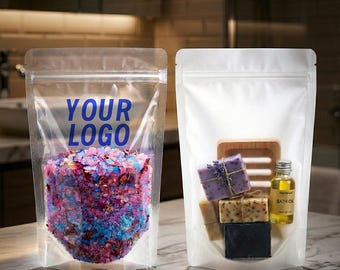 Custom Stand Up Pouch with Logo, Clear/Frosted Zip Bag, Small Business Packaging