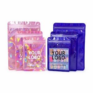 May include: An assortment of iridescent pink and blue zip-lock bags in different sizes. Some bags contain jewellery and nail art. The text "YOUR LOGO" and "customizable" are printed on the bags.