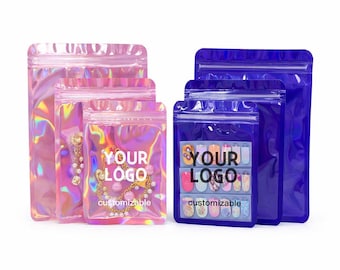 Custom Holographic Zip Bags with Clear Front, Personalized Logo Packaging, Resealable Gift & Jewelry Pouches