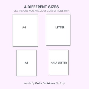 May include: A light purple background with four white rectangular paper sizes: A4, Letter, A5, and Half Letter. Text at the top reads "4 DIFFERENT SIZES USE THE ONE YOU ARE MOST COMFORTABLE WITH." The Etsy shop name "Made By Calm For Moms On Etsy" is at the bottom.