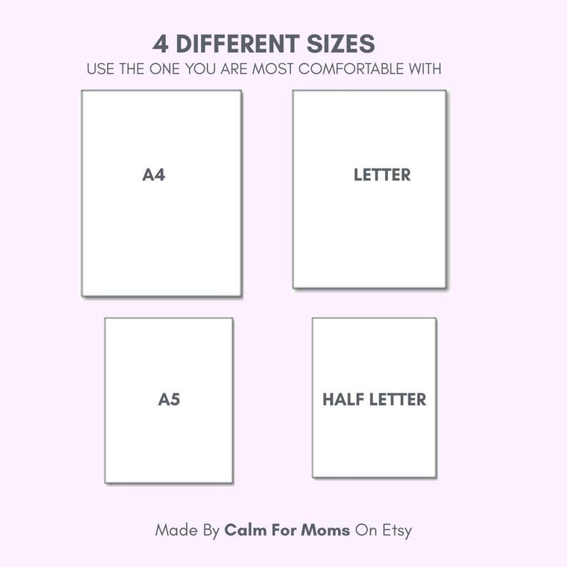 May include: A light purple background with four white rectangular paper sizes: A4, Letter, A5, and Half Letter. Text at the top reads "4 DIFFERENT SIZES USE THE ONE YOU ARE MOST COMFORTABLE WITH." The Etsy shop name "Made By Calm For Moms On Etsy" is at the bottom.