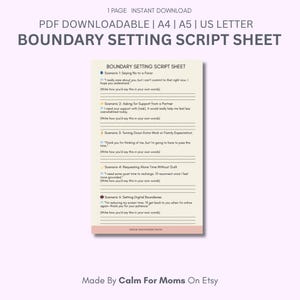 Op de afbeelding: Een downloadbaar PDF-document getiteld "Boundary Setting Script Sheet" met prompts voor verschillende scenario's. Het document is ontworpen voor zelfhulp en bevat ruimte voor persoonlijke notities. De tekst staat in een schreefloze letter op een lichtroze achtergrond.