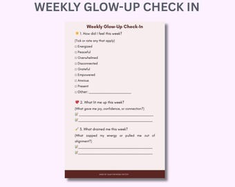 Weekly Glow-Up Check-In Journal for Moms | Self-Care Worksheet (PDF Downloadable A4/A5/US Letter)
