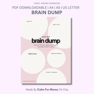 May include: A printable pink and white "Brain Dump" mind map. The design includes areas for "Must Do," "Want to Do," "People to Call," "Random Thoughts," and "Things to Schedule." The text reads "Clear your mind and organise your thoughts by putting it all down on paper."