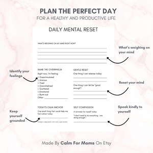 May include: A white printable planner page titled "Plan the Perfect Day" with sections for mental reset, identifying feelings, and self-compassion. Includes prompts for daily reflection and self-care. Text includes "Daily Mental Reset" and "Made By Calm For Moms On Etsy."